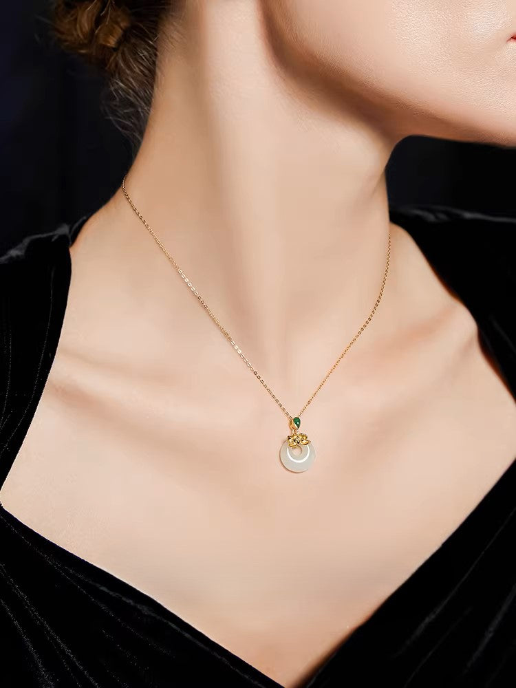 Lotus and Hetian Jade Necklace - 925 Sterling Silver Jewelry Pendant