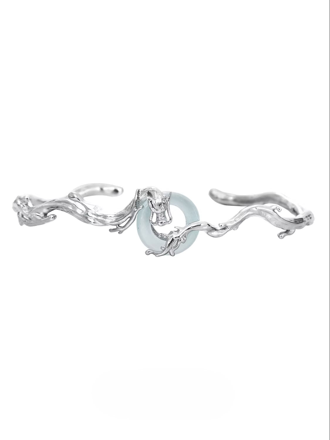 New Chinese Style Silver Wandering Dragon Holding Jade Bracelet