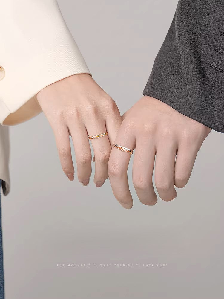999 Pure Silver The Sun Shines on the Snow-capped Mountains Couple Rings