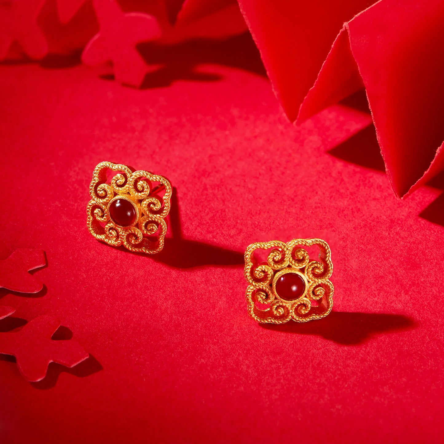 Square Ruyi Red Agate s925 Silver 18k Gold Plated Chinese Traditional Earrings