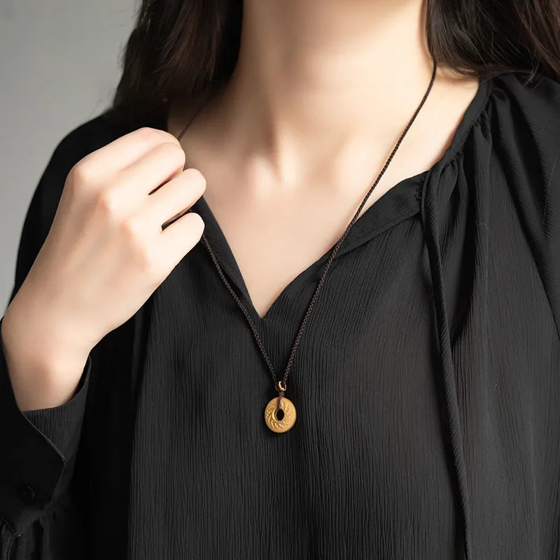 Jinsha Site Sun and Immortal Bird Pendant Necklace Gold Plated Sterling 925 Silver