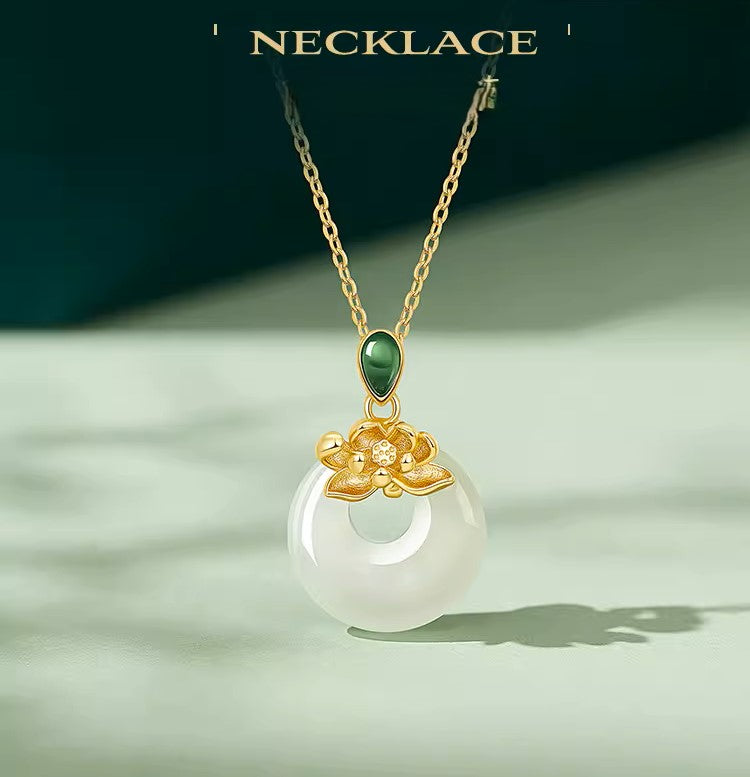 Lotus and Hetian Jade Necklace - 925 Sterling Silver Jewelry Pendant