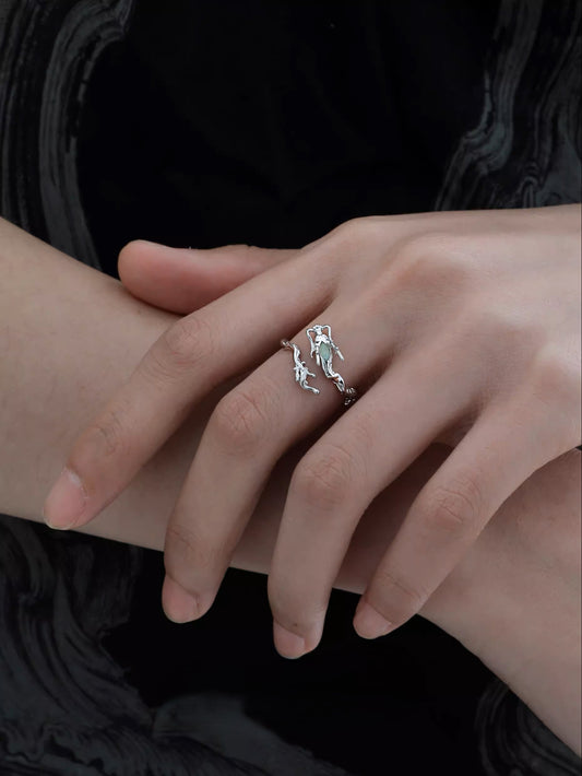 New Chinese Style Silver Wandering Dragon Holding Jade Rings Adjustable