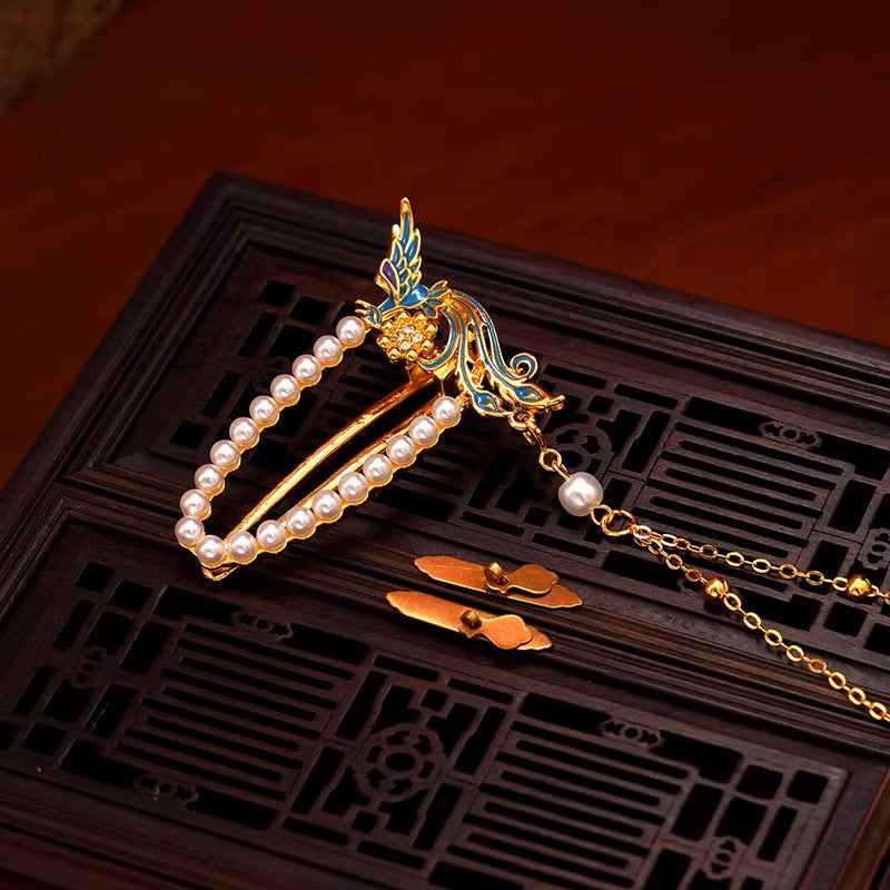 Nine Dragons and Nine Phoenixes Crown with Phoenix Feathers and Flowing Tassels - Hair Clip