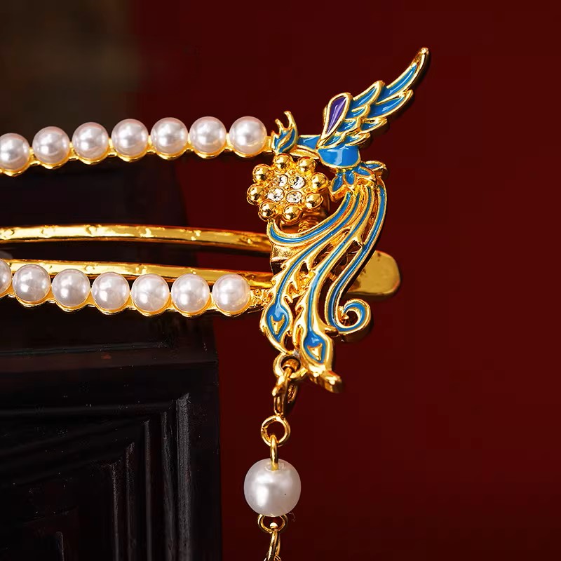 Nine Dragons and Nine Phoenixes Crown with Phoenix Feathers and Flowing Tassels - Hair Clip