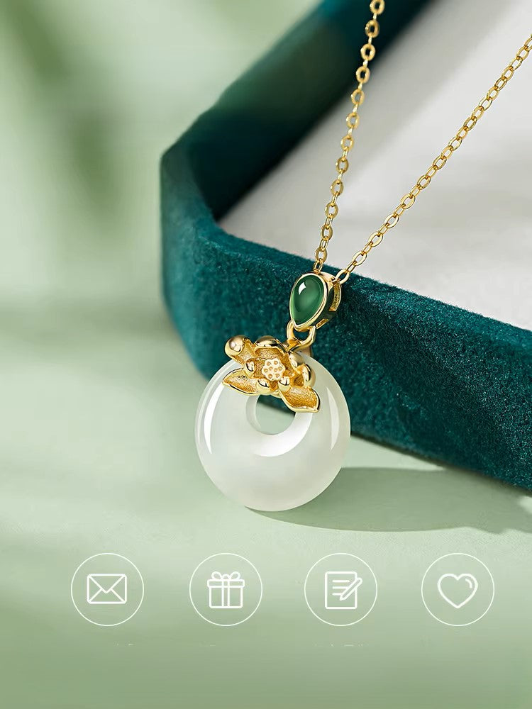 Lotus and Hetian Jade Necklace - 925 Sterling Silver Jewelry Pendant