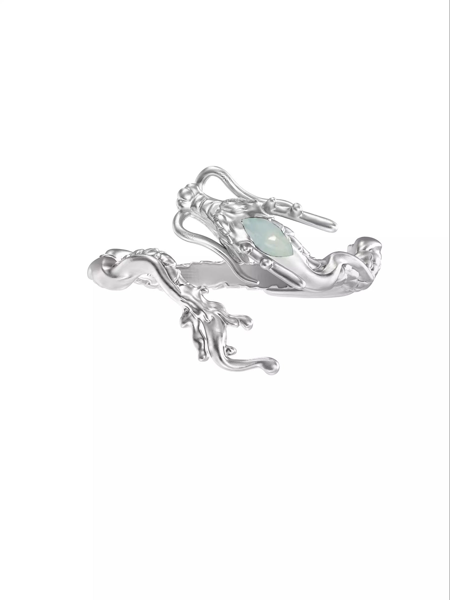 New Chinese Style Silver Wandering Dragon Holding Jade Rings Adjustable