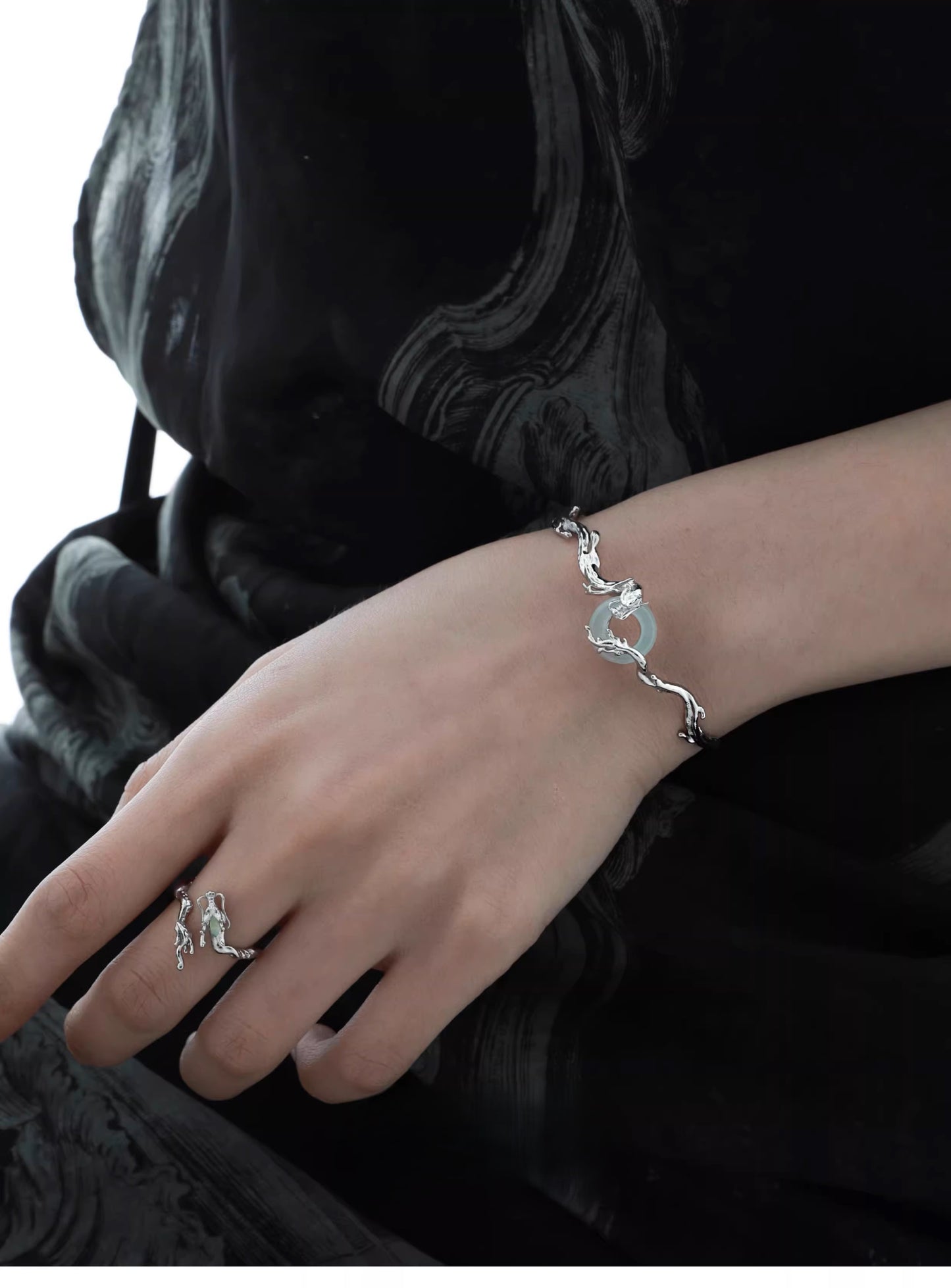 New Chinese Style Silver Wandering Dragon Holding Jade Rings Adjustable