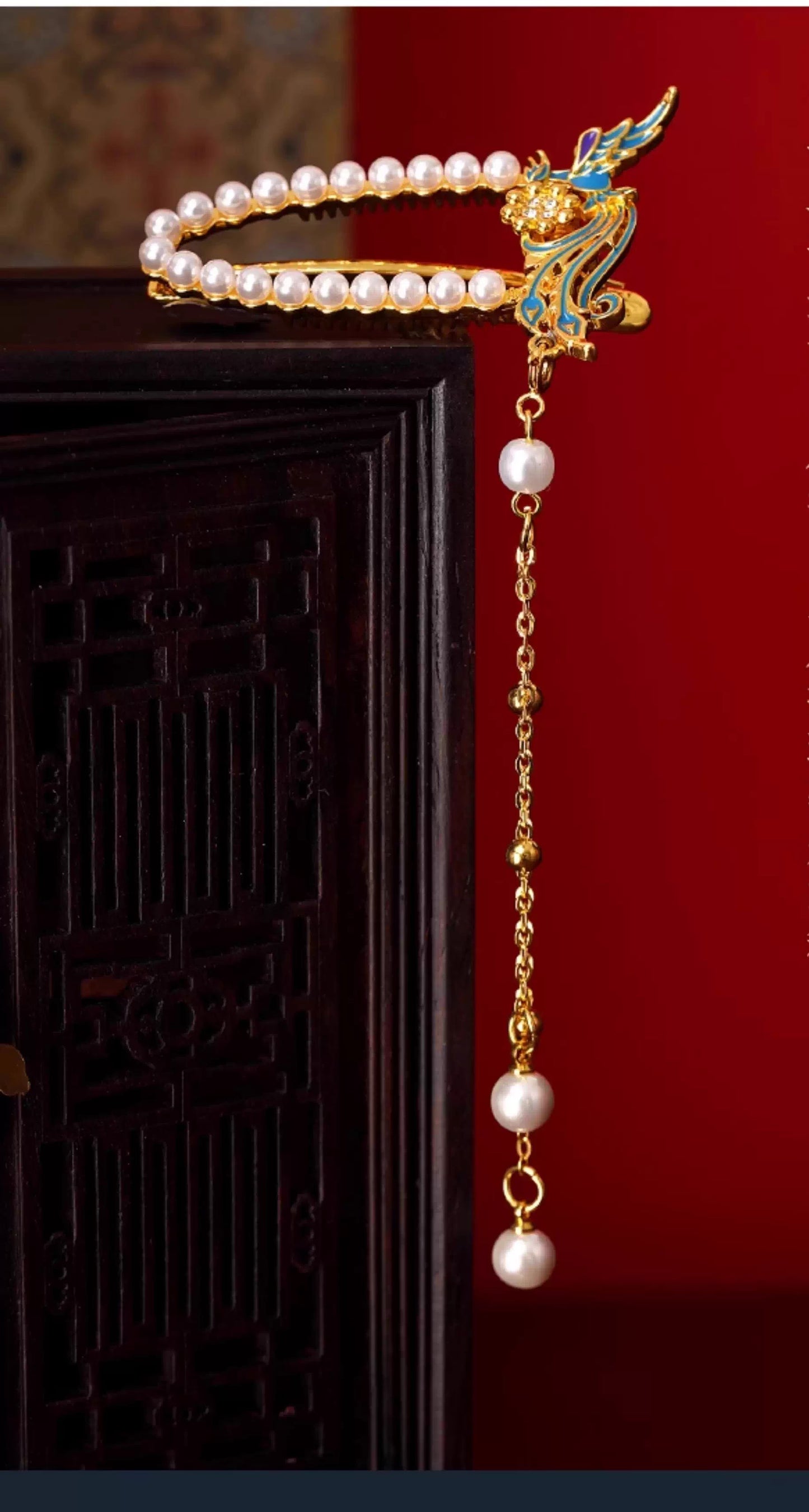 Nine Dragons and Nine Phoenixes Crown with Phoenix Feathers and Flowing Tassels - Hair Clip