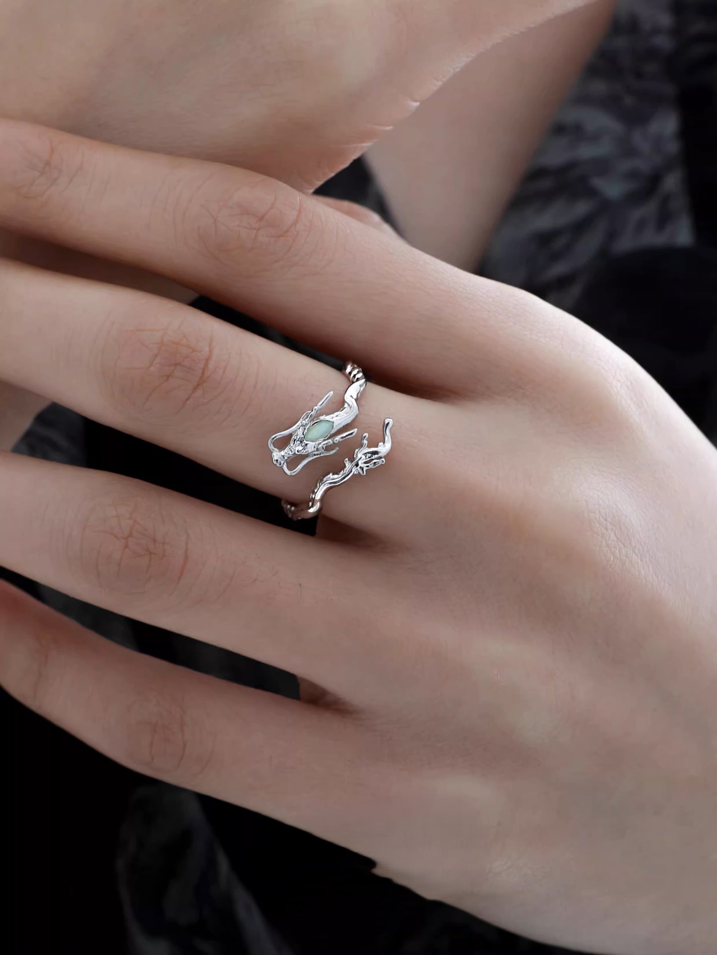 New Chinese Style Silver Wandering Dragon Holding Jade Rings Adjustable