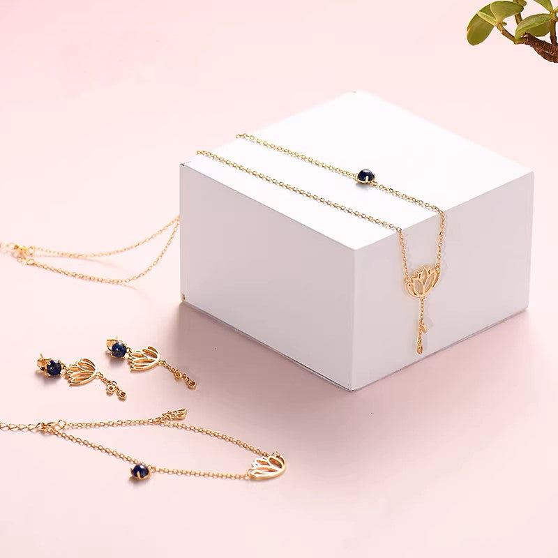 Lotus Flower Jewelry Set - Antique Style Earrings Necklace Bracelet