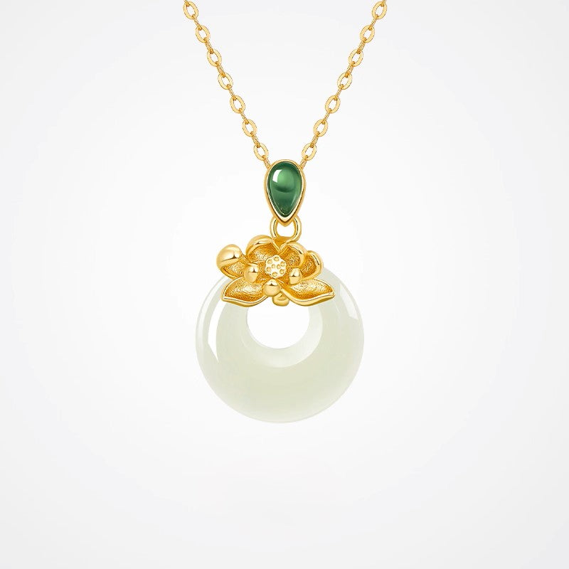 Lotus and Hetian Jade Necklace - 925 Sterling Silver Jewelry Pendant
